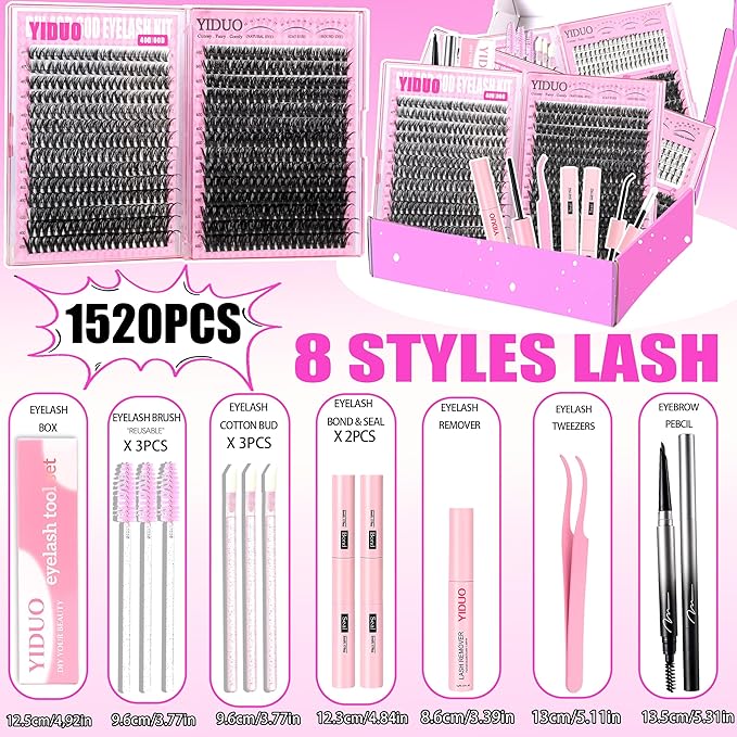 YIDUO 6 Styles Mix Lashes Clusters Kit 3 Box Cluster Lash Book Kit with 2X Bond&Seal 1520Pcs 100D/200D/300D Volume Individual Eyelash Extension Gift Packs for Beginners. DIY at Home Easily