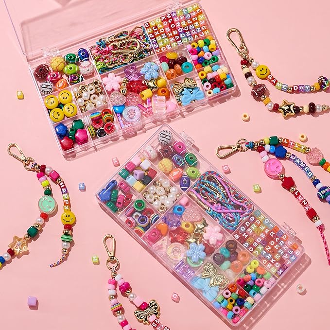 MYCUTEY DIY Keychain Making Kit-Beaded Keychain＆Bag Charm Craft Supplies with Keyrings,Cords and Colorful Football,Letter,Heart,Pony Beads for Women Kids,Personalized Name A-Z Jewelry Making Kit Gifts