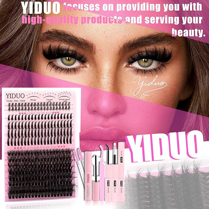 60D Volume Lash Clusters Kit with Long 14-16mm Lashes Spikes+Bottom Clusters Eyelash Extension Kit 280Pcs D-curly Wispy Individual Lash Extensions Kit DIY Spiky Lash Bond and Seal by YIDUO