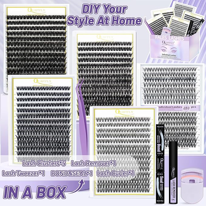 QUAFFLY 5-Pack False Eyelashes Kit with Lash Glue & Seal, Remover, Tweezers, Curler | Professional Lash Extension Set for Natural/Dramatic Look, Reusable, Salon & Home Use