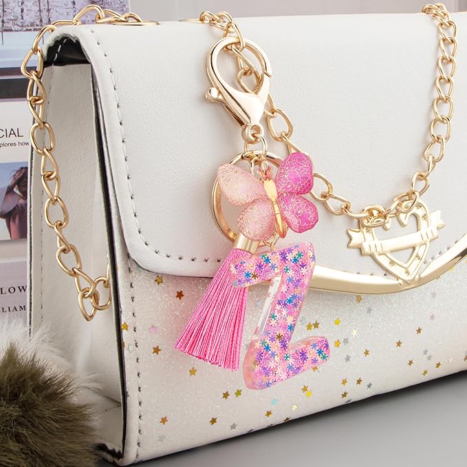 Suweibuke Cute Pink Key Chains for Women Girls, Initial Letter Keychains with Tassel, Charms for Key Purse Handbags Backpacks