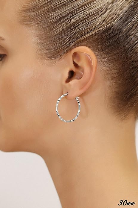 14k White Gold Classic Round Hoop Earrings