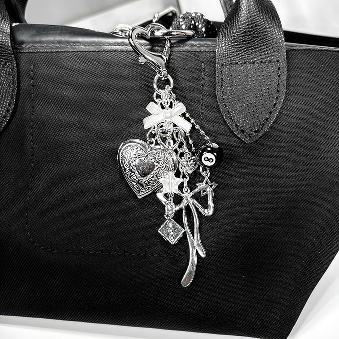 Cute Heart Locket Keychain,Y2k Bag Charms,Kawaii Photo Key Chain,Bow 8 Ball Star Dice Aesthetic Accessories for Women