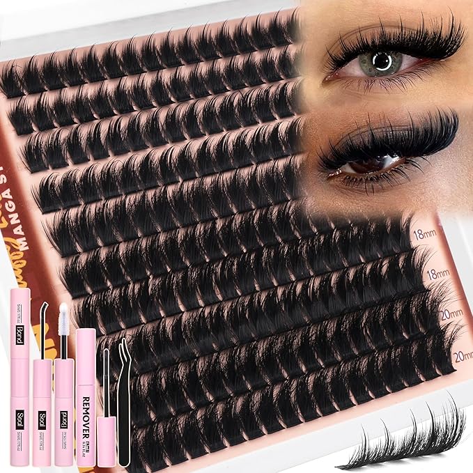 Eefofnn Lash Clusters Kit Manga Eyelash Clusters Wispy Volume Lash Extension Kit 12-20mm Cluster Eyelash Extensions Spiky D Curl Individual Lashes DIY Eyelash Extension Kit with Lash Bond,Seal,Remover