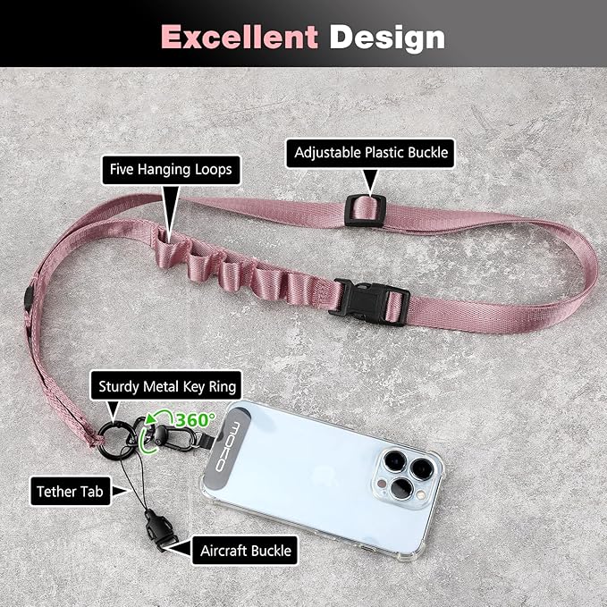 MoKo Universal Phone Lanyard, Nylon Adjustable Cell Phone Crossbody Strap Detachable Women & Men Cellphone Lanyards Around the Neck with Patches for iPhone, Most Smartphone, Rose Gold