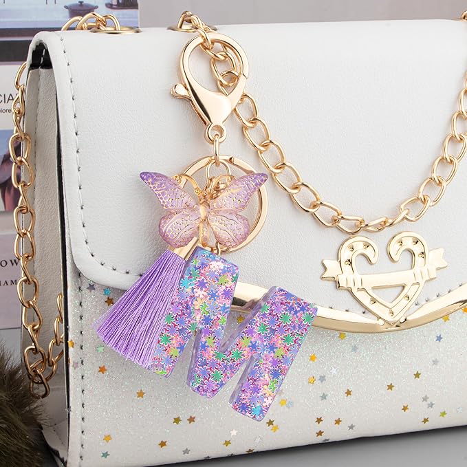 Suweibuke Cute Pink Key Chains for Women Girls, Initial Letter Keychains with Tassel, Charms for Key Purse Handbags Backpacks