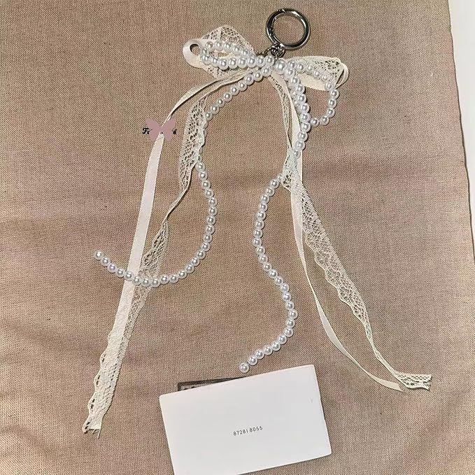 Pearl Bow Keychain Cute Y2k Lace Bowknot Keychain Coquette Aesthetic Accessories Bag Purse Handbag Backpack Charm