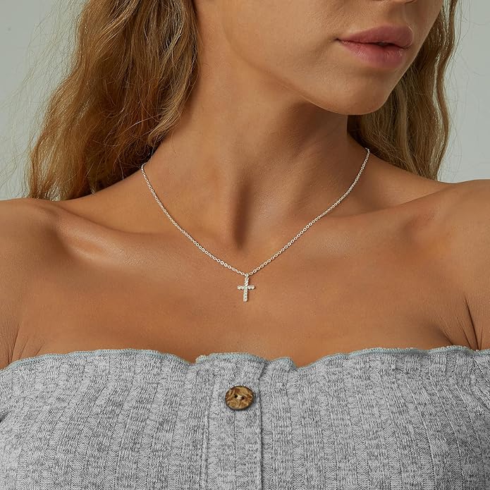 Tewiky Cross Necklace for Women-Dainty Simple 14k Gold Plated/sterling silver Plated Cross Pendant Cute Necklaces Jewelry for Women