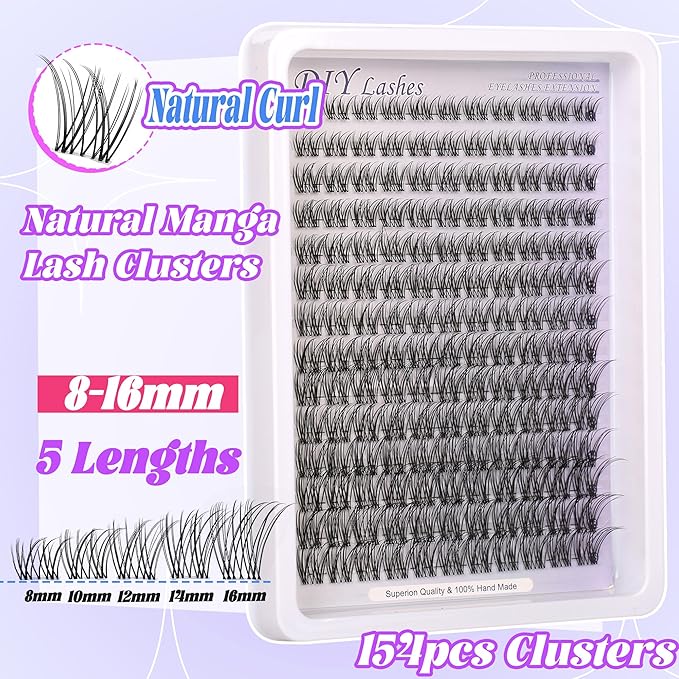 Lash Clusters Kit Invisible Band Eyelash Clusters C-Curly 8-16mm Lash Extension Kit Natural Wispy Lashes 154pcs Clusters Eyelash Extension Kit with Thin Band Lash Cluster Clear Lash