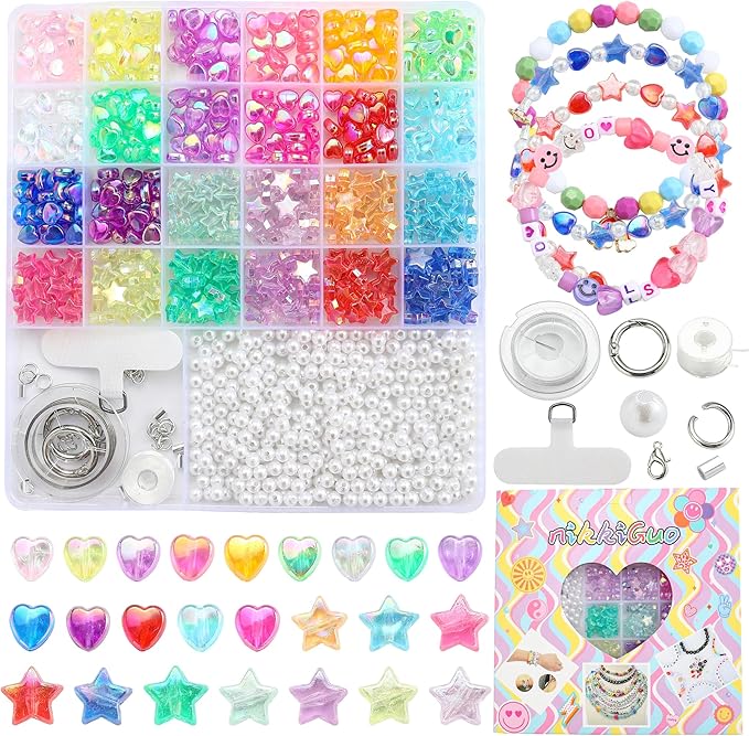 nikkiGuo 800 Piece Acrylic Bead Jewelry Making kit, Heart-Shaped Pearl Beads -24 Color AB Iridescent Transparent Beads, Bracelet kit, Necklace, Keychain, DIY Friendship Bracelet Set Box