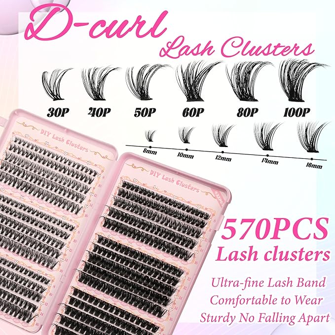 Gmagictobo Lash Clusters Wispy Lash Clusters Kit 570Pcs Lash Extension Kit Volume DIY Individual Lashes Clusters Thin Band Eyelash Extension Kit Lash Glue Lash Tweezers