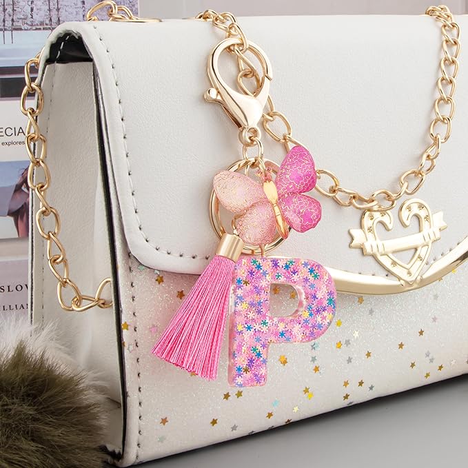 Suweibuke Cute Pink Key Chains for Women Girls, Initial Letter Keychains with Tassel, Charms for Key Purse Handbags Backpacks
