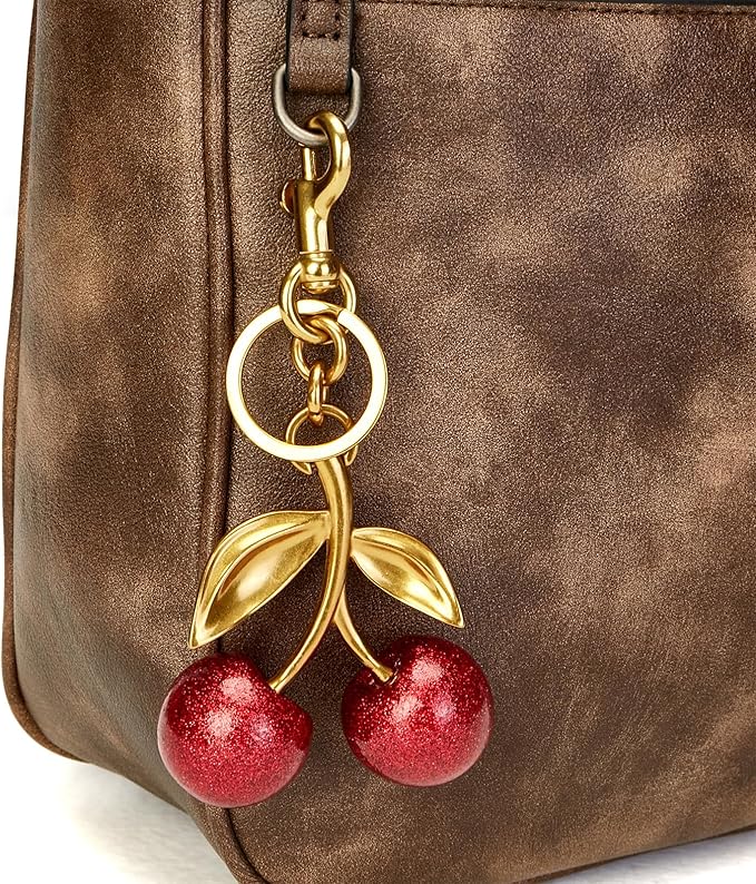 YDF Cherry Keychain Cute Bag Charm Women Leather Keyring Car Keys Gift Mother's Day Birthday Valentine's Purse Accessory