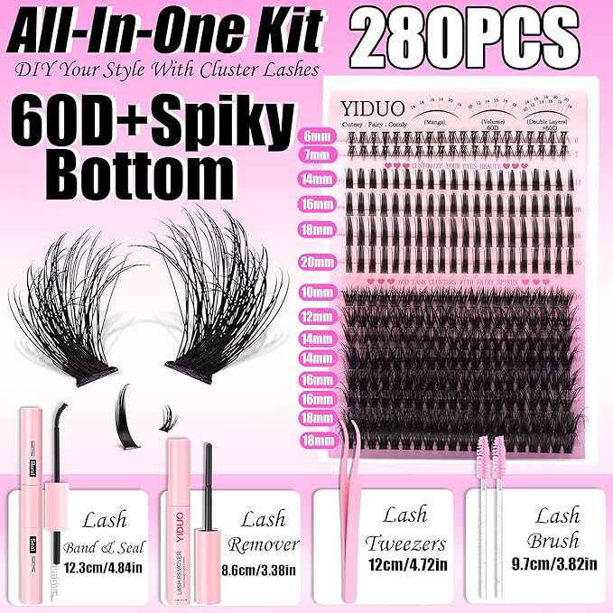 60D Volume Lash Clusters Kit with Long 14-16mm Lashes Spikes+Bottom Clusters Eyelash Extension Kit 280Pcs D-curly Wispy Individual Lash Extensions Kit DIY Spiky Lash Bond and Seal by YIDUO