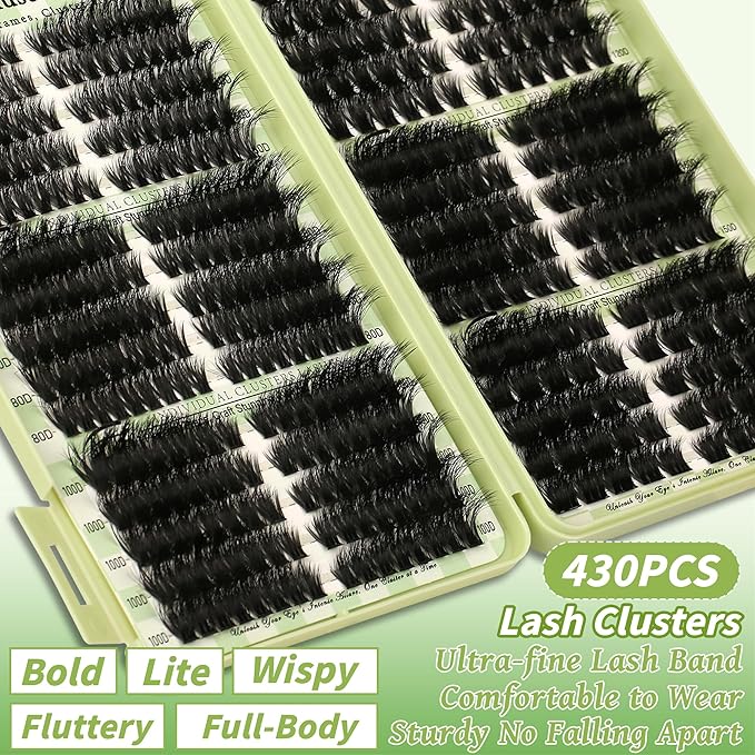 Gmagictobo Lash Clusters Fluffy 80D 100D 150D 200D C Curl Lash Clusters Kit 430Pcs DIY Cluster Eyelash Extensions Eyelash Clusters Cat Eye Lashes Clusters Eyelash Extensions Lash Glue Lash Tweezers