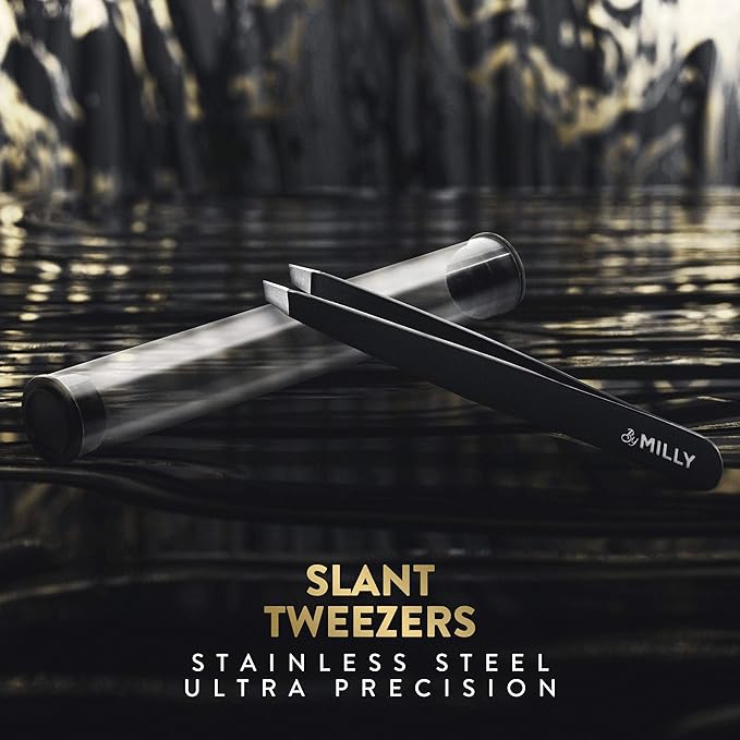 By MILLY Professional Slanted Tweezers for Women and Men | High Carbon Stainless Steel Sharp Tweezer | Tweezers for Women Facial Hair Plucking, Hand-Filed & Aligned Precision Slant Tips - Black