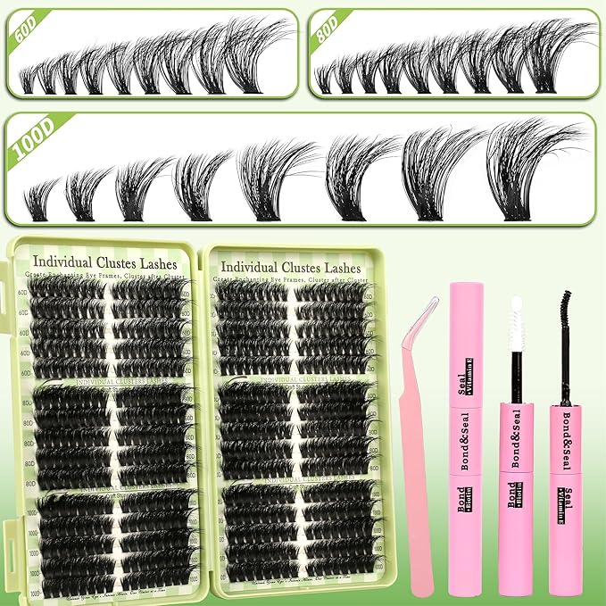 Gmagictobo Lash Clusters Kit Natural Cat Eye Lash Clusters Fluffy Volume 520Pcs DIY Individual Lashes Clusters Lash Extension Kit Thin Band Wispy Eyelash Clusters Lash Bond and Seal Lash Tweezers