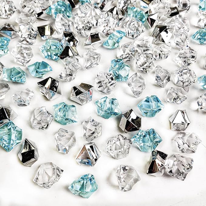HappyFiller Christmas Vase Fillers,14 OZ Clear,Sea Blue,Silver Mix Color Fake Ice Rocks Cubes Acrylic Gems Stones for Winter Decorations,Wedding Centerpieces Table Scatters,Crafts,Home Accents