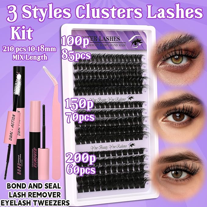 Lash Clusters 3 Densities (100D/150D/200D) Mixed Length 10-18mm DIY Eyelash Extensions Kit 210 Clusters Handmade Soft Lashes with Glue Sealant Remover & Tweezers Sensitive Eye Friendly for Daily
