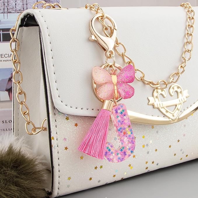 Suweibuke Cute Pink Key Chains for Women Girls, Initial Letter Keychains with Tassel, Charms for Key Purse Handbags Backpacks