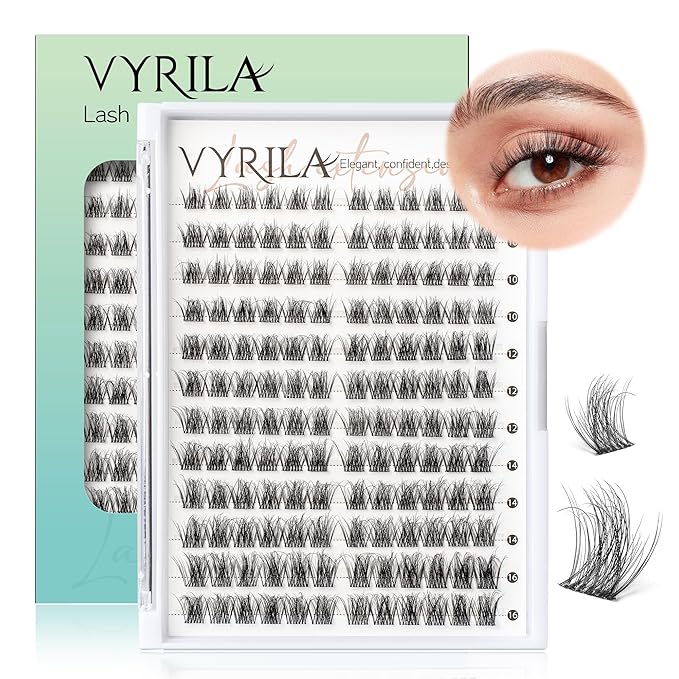 VYRILA Lash Clusters 0.05mm Individual Lashes, 3D Wispy Lashes Clusters, 0.1mm Super Thin Band Resuable Natural Lashes,D Curl Faux Mink Lashes,144pcs Lash Extension (Green Vivid-D-0.05-8-16mix)