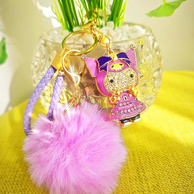 Cute Keychain for Women with Braided Rope, PomPom and Sparkling Rhinestones - Kawaii Charm for Kinds of Bags