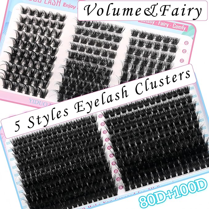 YIDUO 5 Styles Eyelash Clusters Kit 80D 100D Volume D Curl Wispy Individuals lash Extensions Kit, Volume Studio Effect, Fake Eyelashes 500Pcs All-in-1 Pack with Glue |Tweezers |Removers |Brush