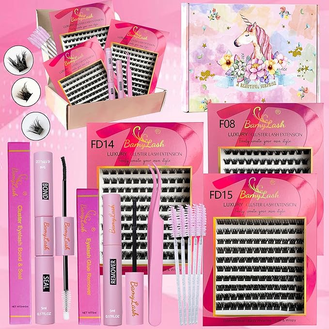 BamyLash DIY Cluster Lash Extension Kit, Professional Volume Eyelash Set, Black (F08+FD14+FD15 Lash Set)