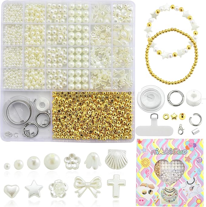nikkiGuo 1300 Imitation Pearls, 4 Sizes of Round Pearls with Gold Beads, Various Shapes Set for Making Bracelets, Friendship Bracelets, Necklaces, Earrings DIY Decorative Beads