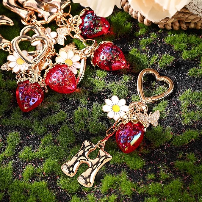 Strawberry Initial Keychain for Women-Cute Kawaii Gold Alphabet Bag Charms, Key chain Gift for Purse Handbag