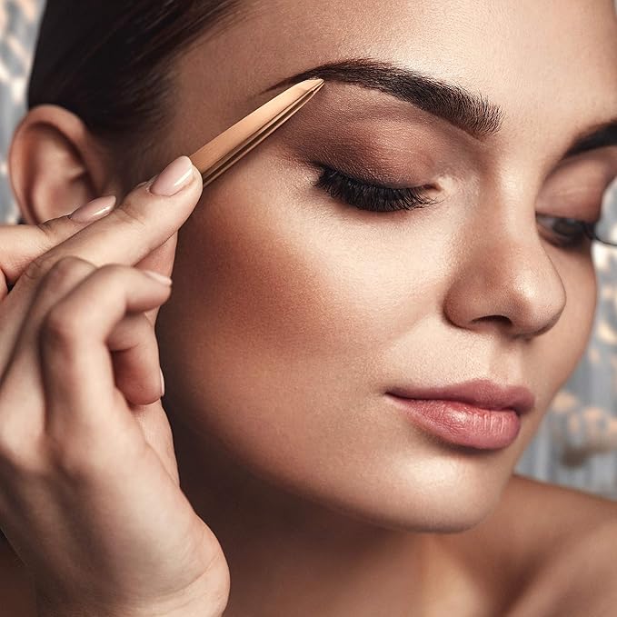 By MILLY Professional Slanted Tweezers for Women and Men | High Carbon Stainless Steel Sharp Tweezer | Tweezers for Women Facial Hair Plucking, Hand-Filed & Aligned Precision Tips - Rose Gold