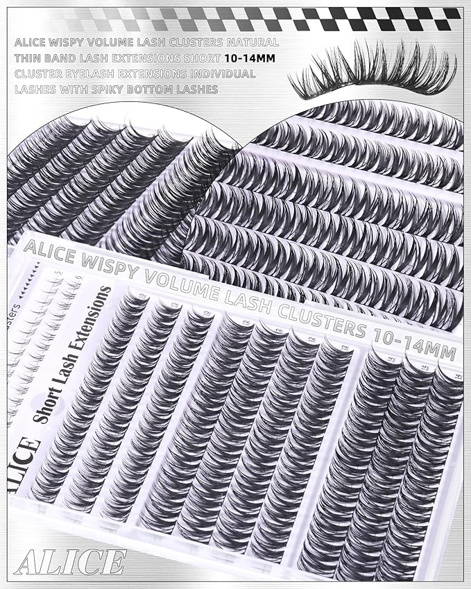 ALICE Flaunt Lash Clusters Natural Wispy Lash Extensions Short Volume 10-14mm Cluster Eyelash Extensions Thin Band Individual Lashes with Spiky Bottom Lashes