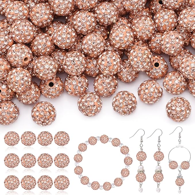 120pcs 10mm Rhinestone Beads for Jewelry Making, Light Peach Shiny Round Shamballa Disco Ball Beads, Sparkle Crystal Clay Christmas for Bracelet Baseball Necklace Earring Crafting and DIY