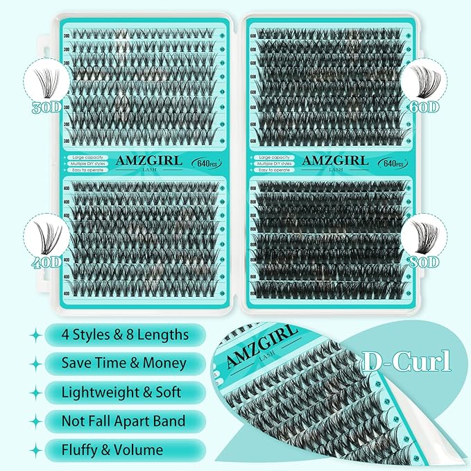 Lash Clusters 4 Style Cluster Lashes 640PCS Eyelash Extension 30D+40D+60D+80D Individual Lashes DIY Lash Extension Natural Black Cluster Eyelash Extensions at Home for Beginners(D-Mix9-16mm)