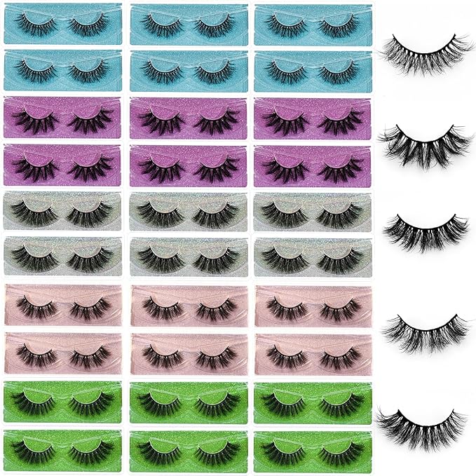 Wholesale Lashes, 3D Faux Mink Eyelash Bulk, 18mm Handmade Reusable Eye Lash, 5 Styles Dramatic Fluffy False Lash with Glitter Portable Packing (Fluffy 5 styles-30 pairs)
