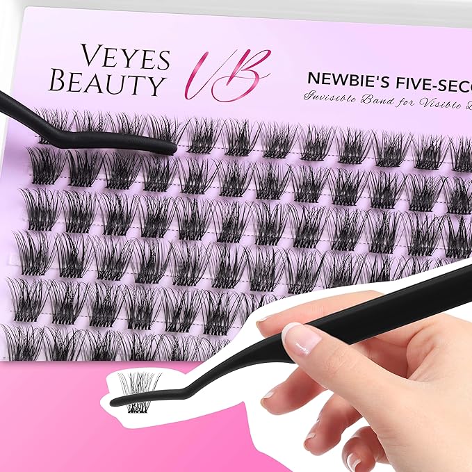 VEYESBEAUTY Lash Clusters Individual Eyelash Extensions Thin & Invisible Band DIY False Eyelashes for Self-application Newbie's Five-Second Series Wispy Lash Tray, Bomb 8-16mm Mixed Length