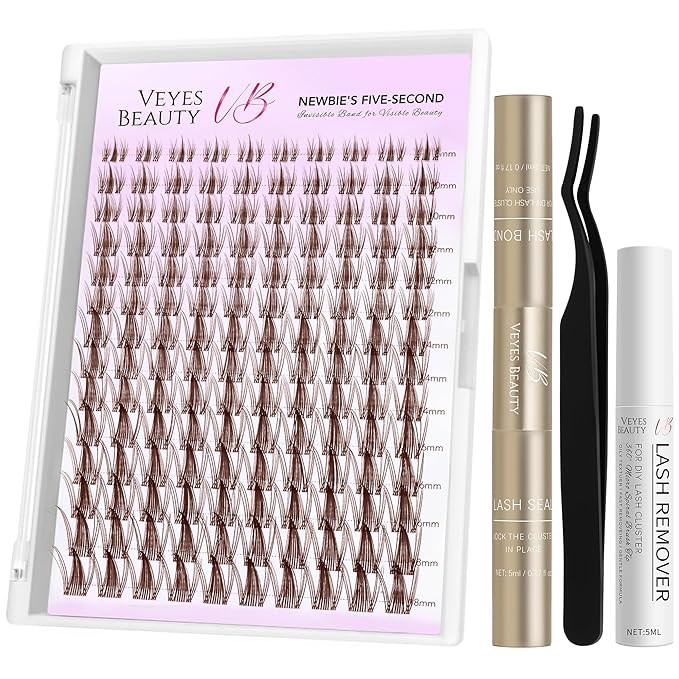 VEYESBEAUTY Brown Manga Lash Clusters Kit Eyelash Extensions Thin & Invisible Band DIY Individual False Eyelashes Newbie's Five-Second Series Wispy Lash Tray, with Clear Bond&Seal Remover Applicator