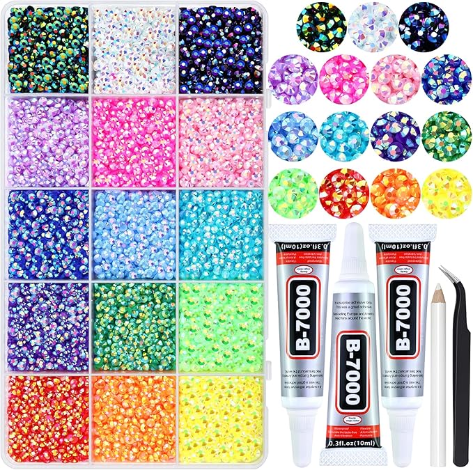 20000PCS 3MM Resin Jelly Rhinestones for Crafts Nails, 15 Colors SS12 Flatback Rhinestone Gems for Tumblers Mugs Crocs Shoes Graduation Cap Makeup, Bedazzling Kit with B7000 Glue