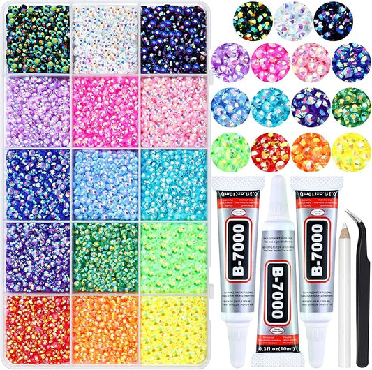 20000PCS 3MM Resin Jelly Rhinestones for Crafts Nails, 15 Colors SS12 Flatback Rhinestone Gems for Tumblers Mugs Crocs Shoes Graduation Cap Makeup, Bedazzling Kit with B7000 Glue