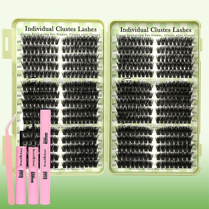 Gmagictobo Lash Clusters Kit Natural Cat Eye Lash Clusters Fluffy Volume 520Pcs DIY Individual Lashes Clusters Lash Extension Kit Thin Band Wispy Eyelash Clusters Lash Bond and Seal Lash Tweezers