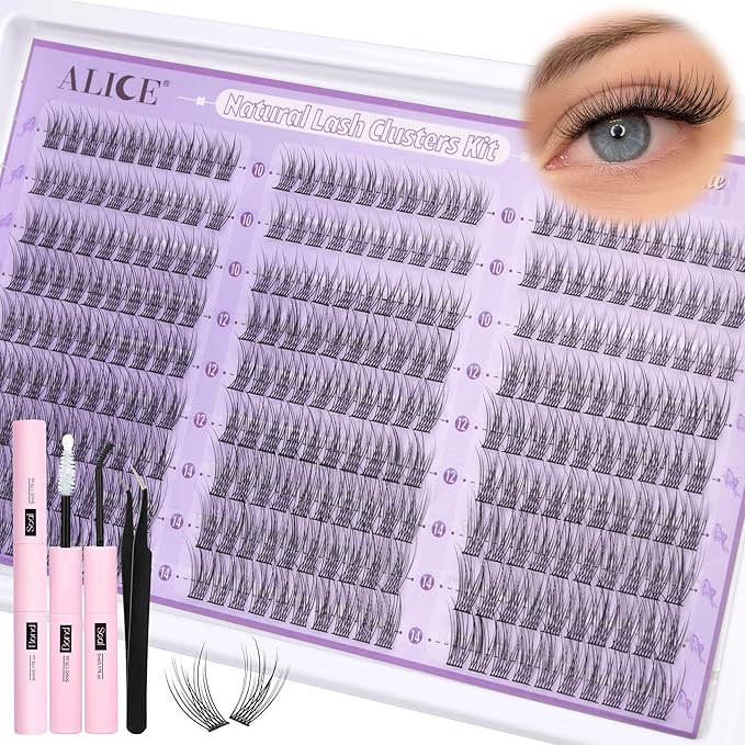 ALICE Natural Lash Clusters Kit Wispy Lash Extension Kit Thin Band Cluster Eyelash Extension Kit 270pcs C-Curly 10-14mm Individual Lashes with Lash Glue Bond and Seal Self Application at Home