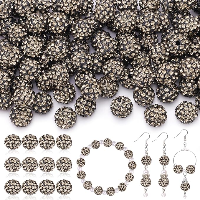 120pcs 10mm Rhinestone Beads for Jewelry Making, Gray Shiny Round Shamballa Disco Ball Beads Bulk, Sparkle Crystal Clay Christmas for Bracelet Baseball Necklace Earring Crafting and DIY