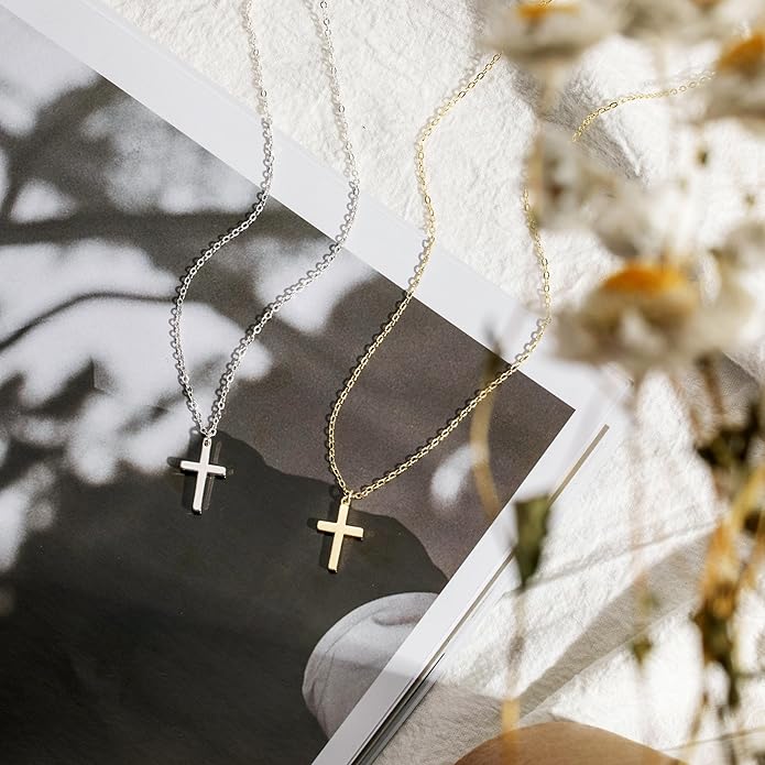 Tewiky Christian Gift Stocking Stuffers Cross Necklace for women-Dainty 14k Gold Plated/Silver Plated Pendant Necklaces Simple Cute Tiny Necklace Jewelry for Women