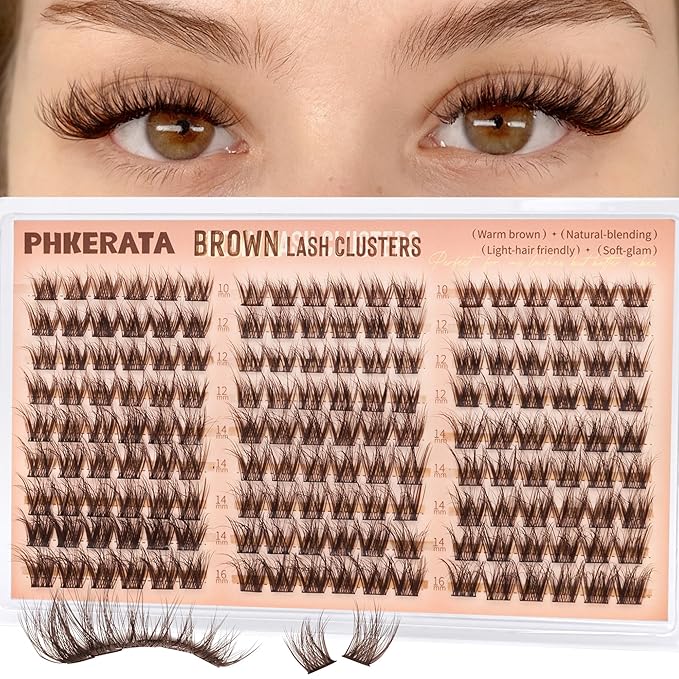 PHKERATA Brown Lash Clusters Wispy Cluster Eyelash Extensions Natural Eyelash Clusters 180Pcs Brown Lashes Clusters 10-16MM DIY Soft Individual Lashes C Curly Eyelash Extension