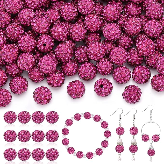 120pcs 10mm Rhinestone Beads for Jewelry Making, Fuchsia Shiny Round Shamballa Disco Ball Beads Bulk, Sparkle Crystal Clay Christmas for Bracelet Baseball Necklace Earring Crafting and DIY