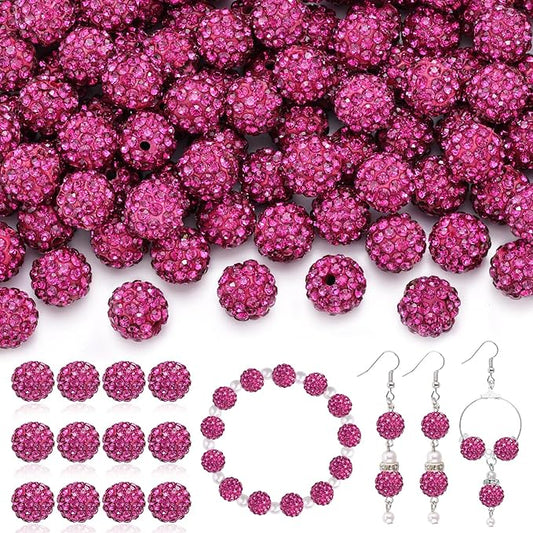 120pcs 10mm Rhinestone Beads for Jewelry Making, Fuchsia Shiny Round Shamballa Disco Ball Beads Bulk, Sparkle Crystal Clay Christmas for Bracelet Baseball Necklace Earring Crafting and DIY