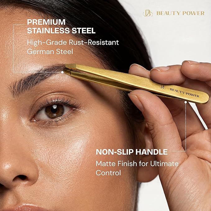 Beauty Power Ultra-Precision Professional Slant Tweezers for Women Facial Hair - German Stainless Steel, Lightweight Black Tweezers for Women & Men, Ideal for Eyebrow & Facial Grooming (Matte Gold)