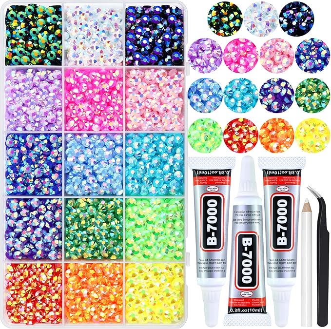 6000PCS 5MM Resin Jelly Rhinestones for Crafts Nails, 15 Colors SS20 Flatback Rhinestone Gems for Tumblers Mugs Crocs Shoes Graduation Cap Makeup, Bedazzling Kit with B7000 Glue