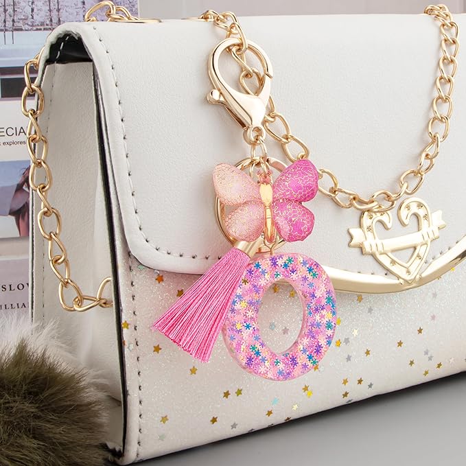 Suweibuke Cute Pink Key Chains for Women Girls, Initial Letter Keychains with Tassel, Charms for Key Purse Handbags Backpacks
