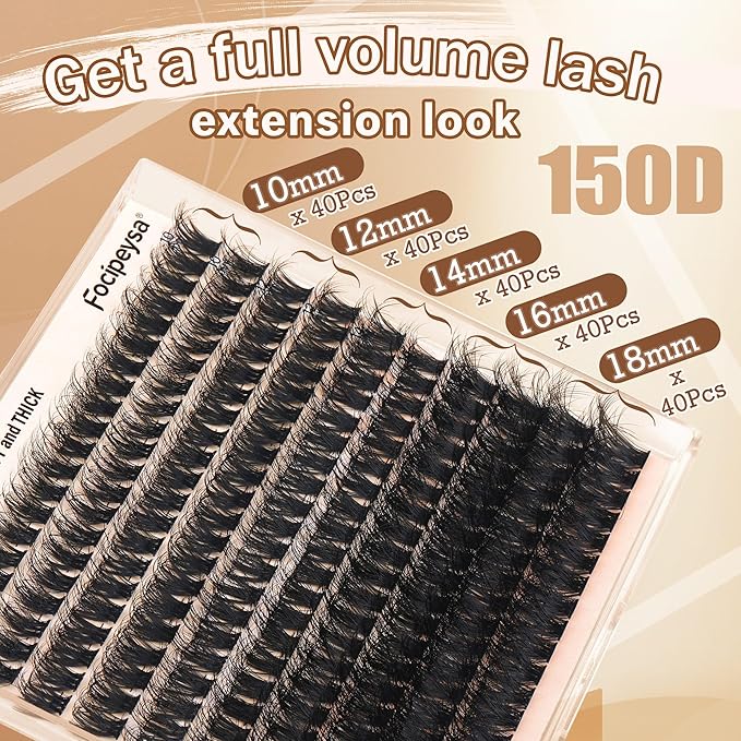 Focipeysa Full Volume Lash Extension Kit 200Pcs Lash Clusters Kit with Lash Bond and Seal and Lash Tweezers Lash Clusters DIY Eyelash Extensions Kit at Home (150D 10-18mm D Curly)